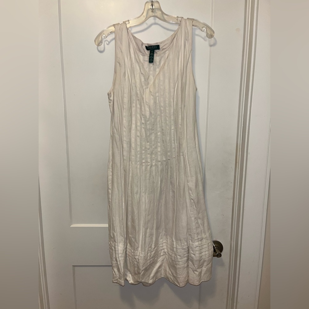 EUC Ralph Lauren White Sleeveless Linen Pleated Sheath Dress Lined Dressy Classy